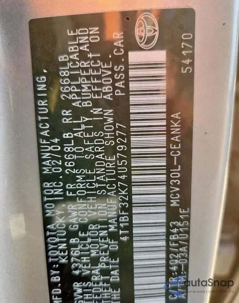 2004 Toyota Camry Le из США, поврежденный, VIN 4T1BF32K74U579277